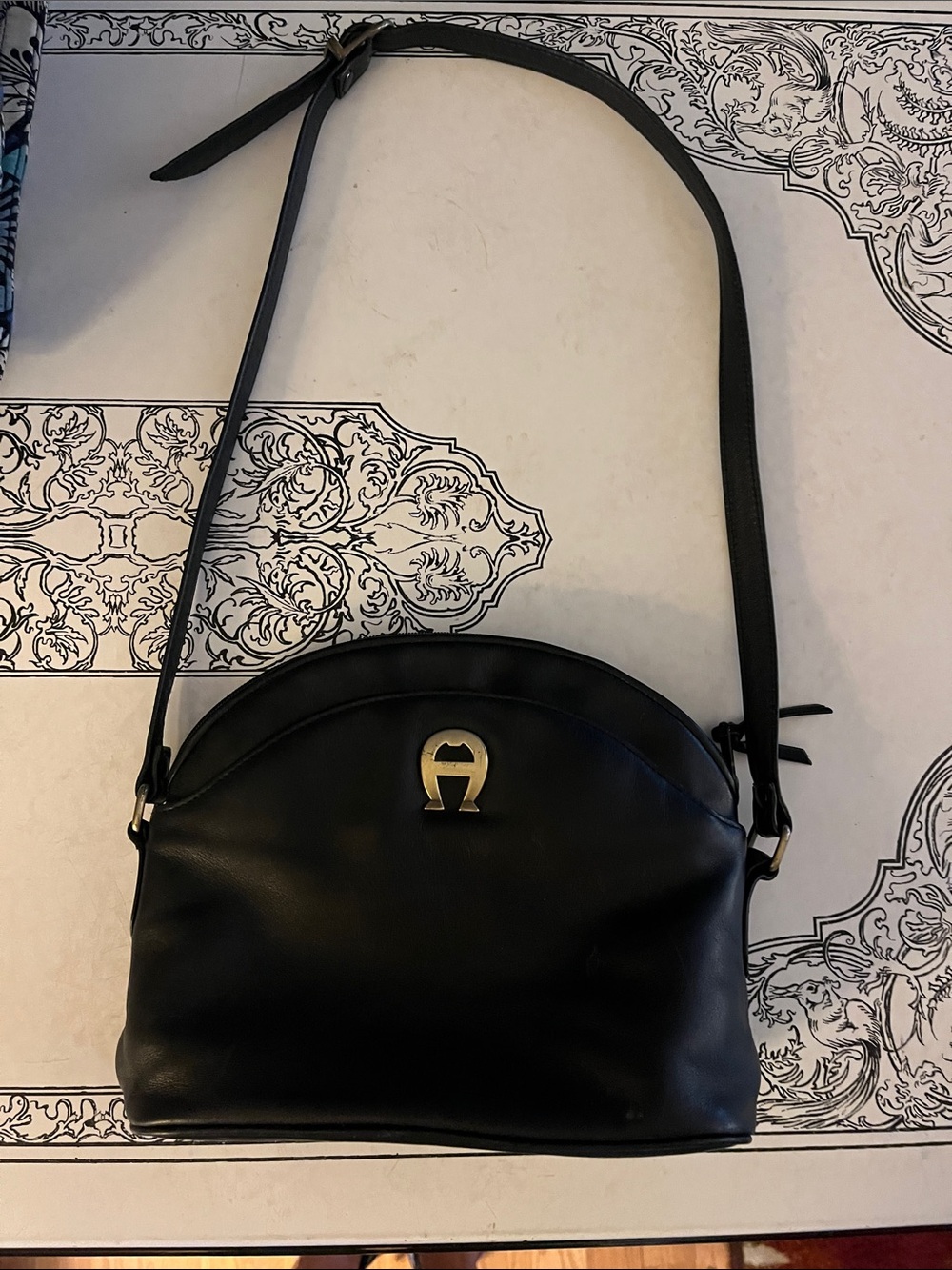 Etienne Aigner Black Leather Crossbody with Gold A Logo